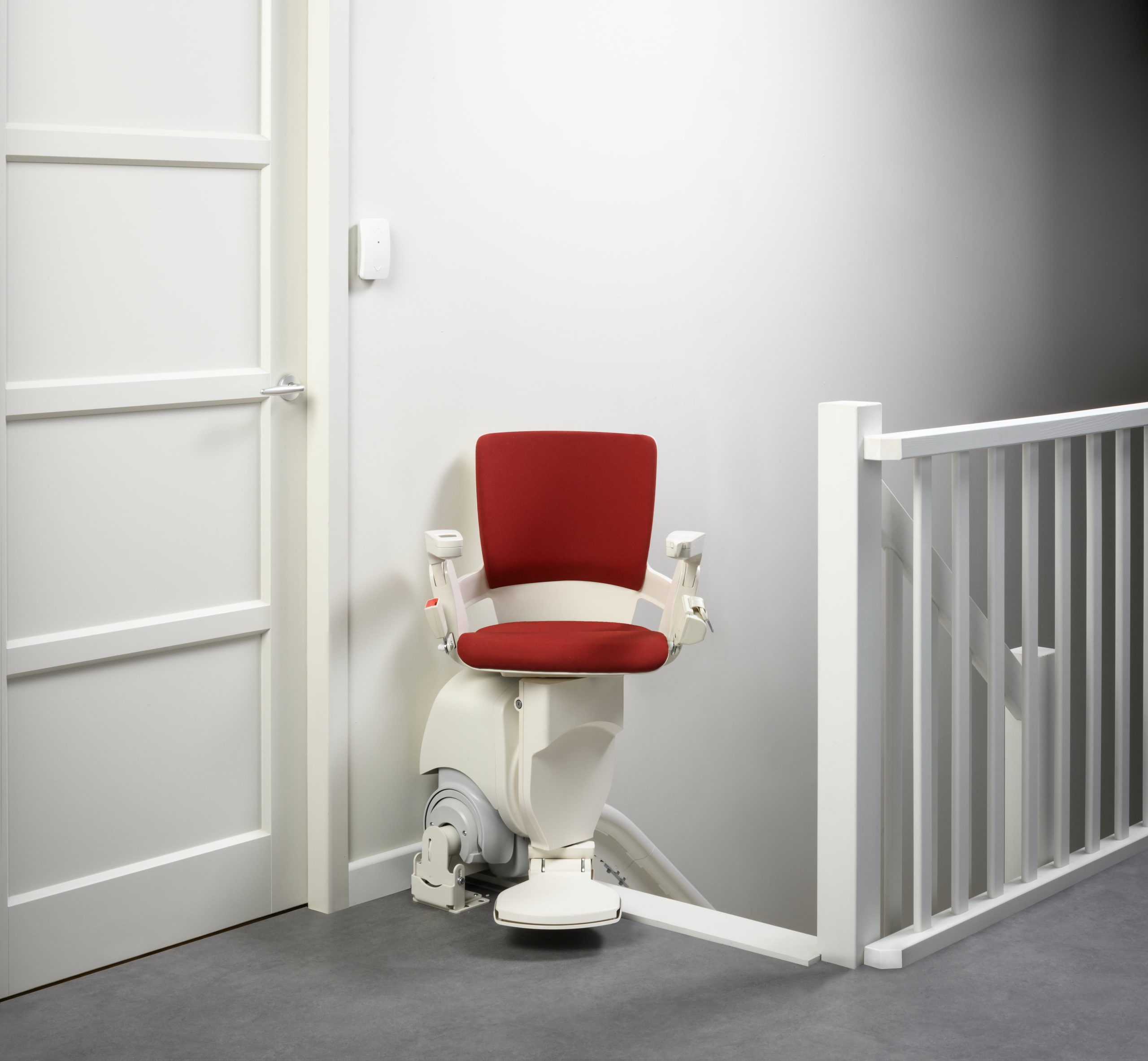 Otolift Modul-Air Smart curved stairlift rotated swivel at top of stairs