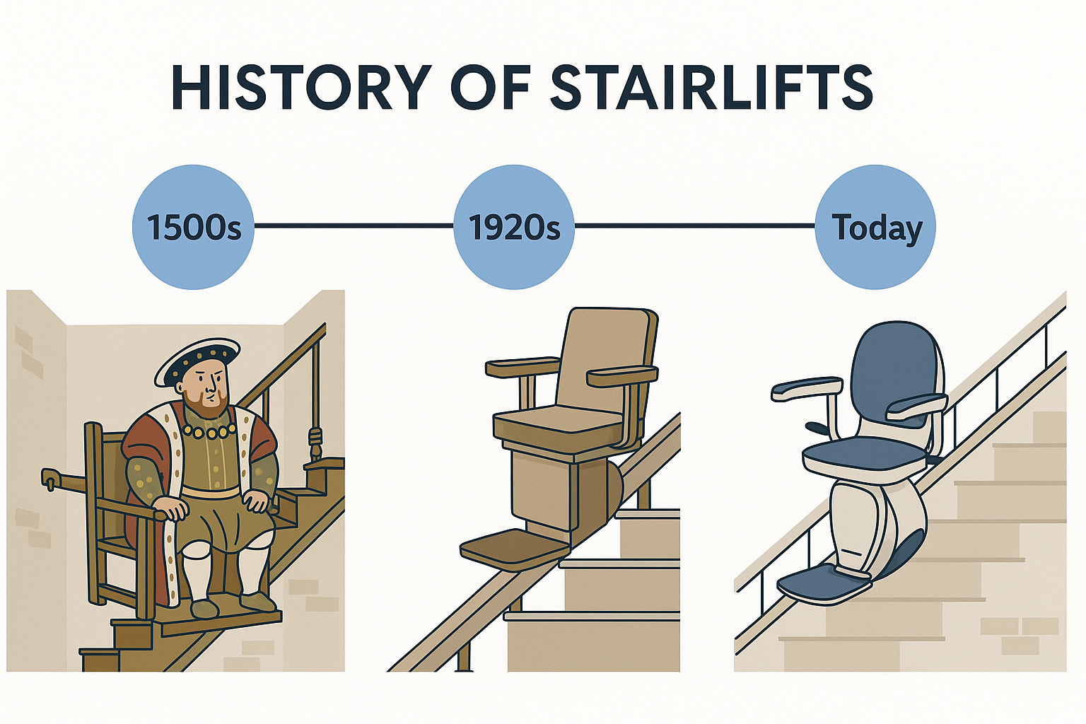 From Thrones to Technology- The Fascinating History of Stairlifts - blog post header image with timeline of 1500s to 1920s to today